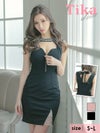 キャバドレス ミニ丈 キャバクラ クラブ ラウンジ ノースリーブ ネックバックリボン パール バストカット ジップ 谷間魅せ タイトミニドレス