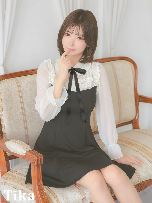 キャバドレス ミニ丈 キャバクラ クラブ ラウンジ 長袖 フリル 襟付き リボンタイ付き ビジューボタン フレアミニドレス