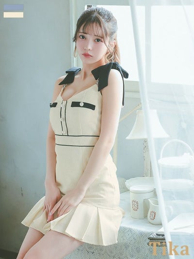 チェーン キャミソール リボン パイピング パールボタン ボックス裾プリーツ フレアミニドレス