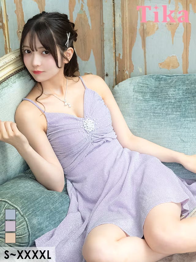 ミニ丈 キャバクラ クラブ ラウンジ ミニドレス キャミソール ギャザー リボンデザイン ラメ キラキラ ストレッチ Aライン 紫 5L XXXXL 大きいサイズ キャバドレス