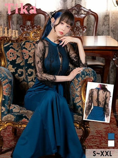 キャバドレス ロング丈 キャバクラ クラブ ラウンジ シアーブラックレース 袖あり 七分袖 バストジップ 谷間見せ ウエストリボン ストレッチ バックスリット タイトロングドレス