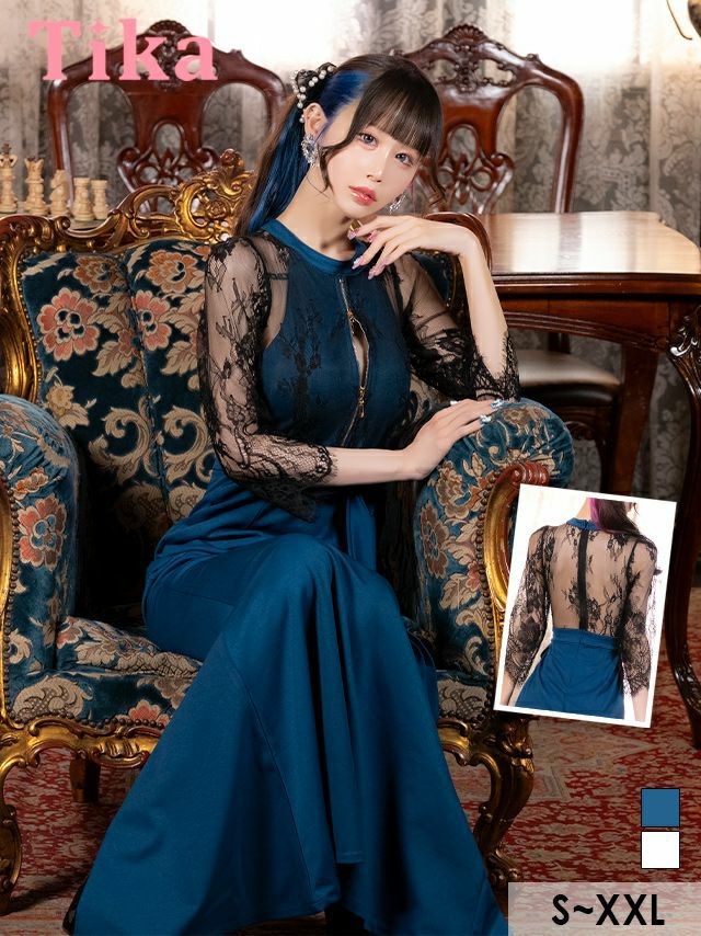 キャバドレス ロング丈 キャバクラ クラブ ラウンジ シアーブラックレース 袖あり 七分袖 バストジップ 谷間見せ ウエストリボン ストレッチ バックスリット タイトロングドレス