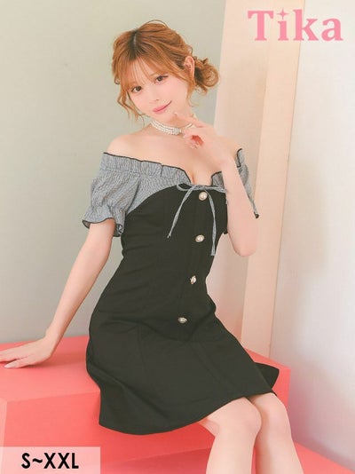 キャバドレス ロング丈 キャバクラ クラブ ラウンジ オフショルダー 千鳥格子柄 ネックリボン パフスリーブ フロントボタン フレアミニドレス