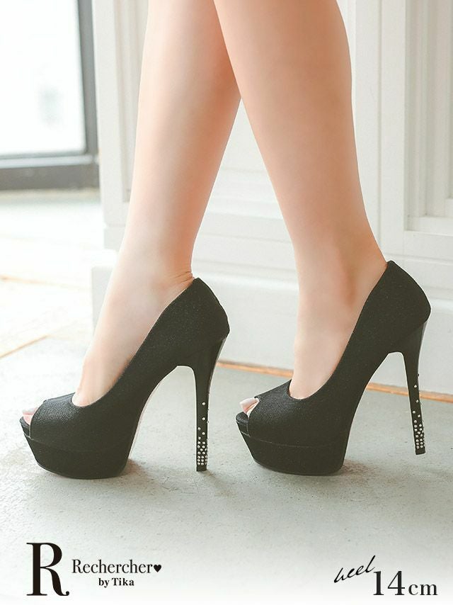 ラメ ハイヒールビジュー オープントゥ パンプス (ブラック) (14cmヒール)