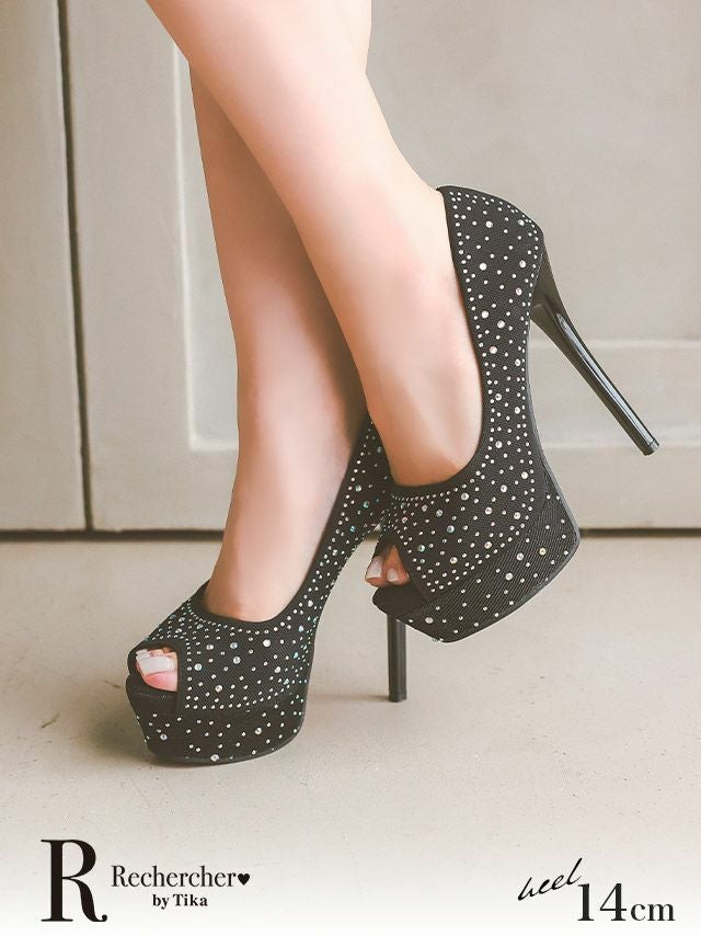 キラキラストーン ハイヒール オープントゥ パンプス (ブラック) (14cmヒール)