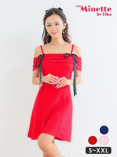 キャバドレス 安い 激安 ミニ丈 キャバクラ クラブ ラウンジ キャミソール リボン付き 肩あき オフショルダー フレア ミニドレス プチプラドレス