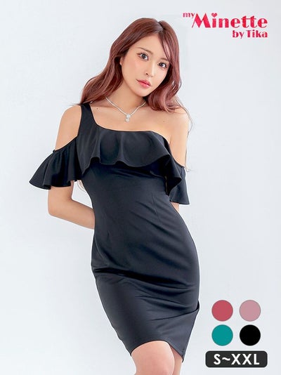 キャバドレス 安い 激安 ミニ丈 キャバクラ クラブ ラウンジ フリル ワンショルダー ワンカラー シンプル ミニ タイトドレス プチプラドレス