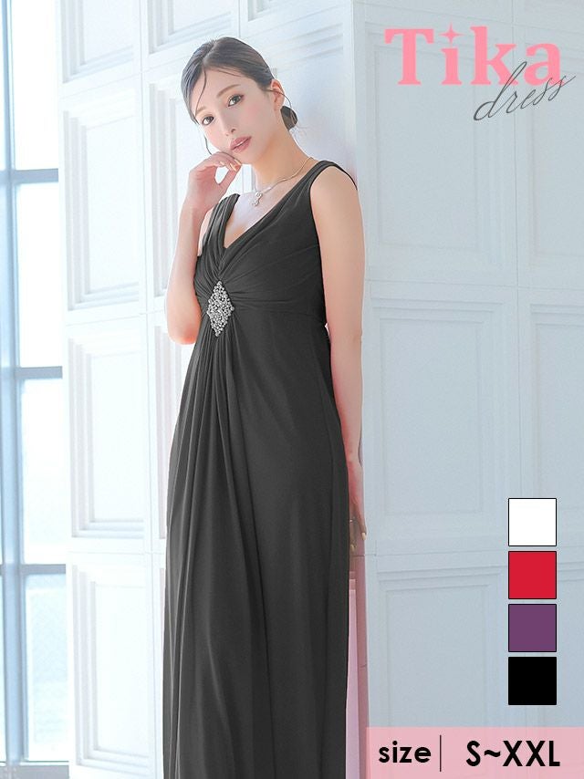 ノースリーブVネックウエストパールドレープAラインロングドレス