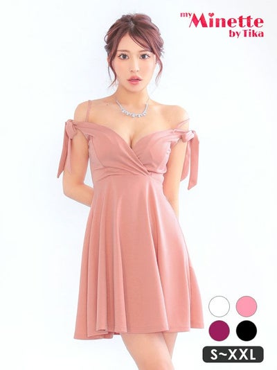 キャバドレス 安い 激安 ミニ丈 キャバクラ クラブ ラウンジ オフショルダー リボン ガーリー キャミソール フレア ミニドレス プチプラドレス