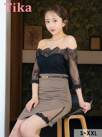 キャバドレス ミニ丈 キャバクラ クラブ ラウンジ タイト ミニドレス 袖あり オフショルダー 大きいサイズ フラワーレース 上品 七分袖 ウエストベルト付き