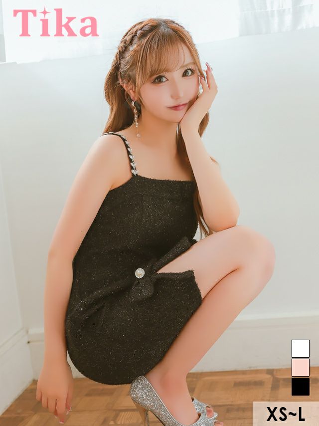 チェーン キャミソール ツイード ラメリボン ガーリー フレアミニドレス