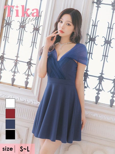 シースルー半袖ワンカラーフレアミニドレス