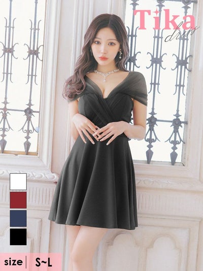 ワンカラーチュール半袖フレアミニドレス