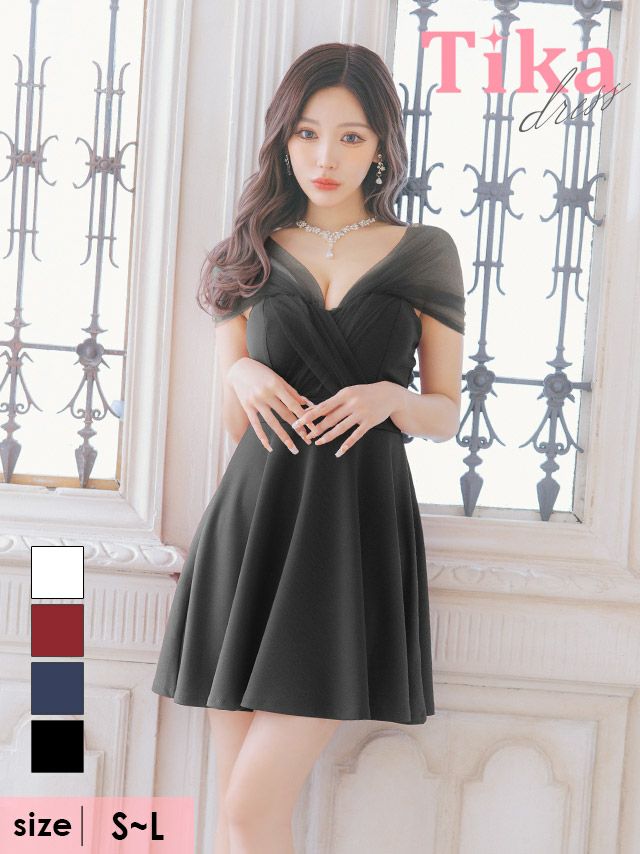 ワンカラーチュール半袖フレアミニドレス