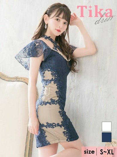 クロスネックフレスリーブサイドシースルー切り替え×総レースタイトミニ半袖ドレス