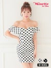 キャバドレス 安い 激安 ミニ丈 キャバクラ クラブ ラウンジドット柄 オフショルダー フリル 2way タイト ガーリー ミニドレス プチプラドレス