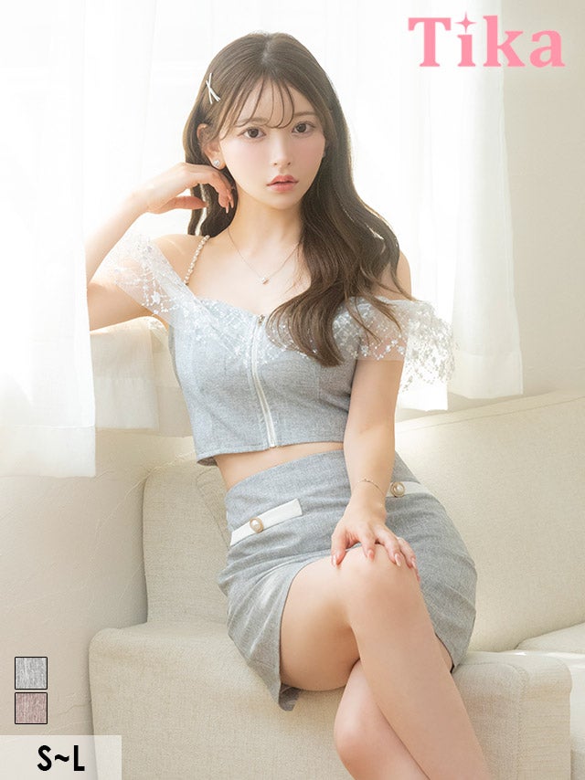 キャバドレス ミニ丈 キャバクラ クラブ ラウンジ ミニドレス セットアップ フロントジップ 肩出し 二の腕カバー ラメチュールショルダー タイト グレー キャバドレス