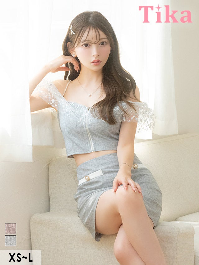 キャバドレス ミニ丈 キャバクラ クラブ ラウンジ ミニドレス セットアップ フロントジップ 肩出し 二の腕カバー ラメチュールショルダー タイト グレー キャバドレス