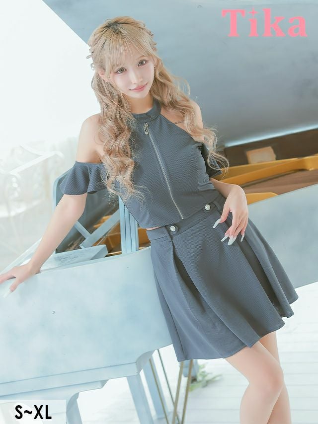 キャバドレス ミニ丈 キャバクラ クラブ ラウンジ Aライン ミニドレス セットアップ 谷間 ジップ 上品 ハイネック ストレッチ 肩出し フリル袖 二の腕カバー ボックス フレア