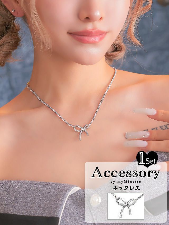 キラキラ ラインストーン リボン アクセサリー ネックレス