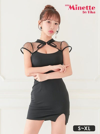 キャバドレス 安い 激安 ミニ丈 キャバクラ クラブ ラウンジ シースルー　ドット柄 チャイナボタン スリット タイト セクシー ミニドレス プチプラドレス