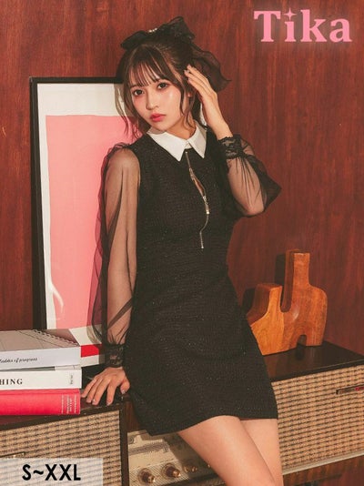 キャバドレス ミニ丈 キャバクラ クラブ ラウンジ ワンピース Aライン ミニドレス 長袖 谷間 ジップ 大人 上品 ハイネック ツイード 襟付き シアースリーブ ブラジャーのまま 同伴