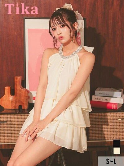 キャバドレス ミニ丈 キャバクラ クラブ ラウンジ ワンピース Aライン ミニドレス セットアップ 上品 ハイネック ホルターネック バックリボン ビジュー ティアード フリル シフォン 同伴