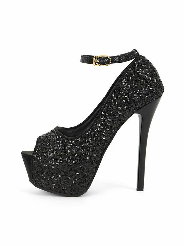 ブラックカラーに煌めくシルバーラメが上品なストラップ付きオープントゥハイヒールパンプス