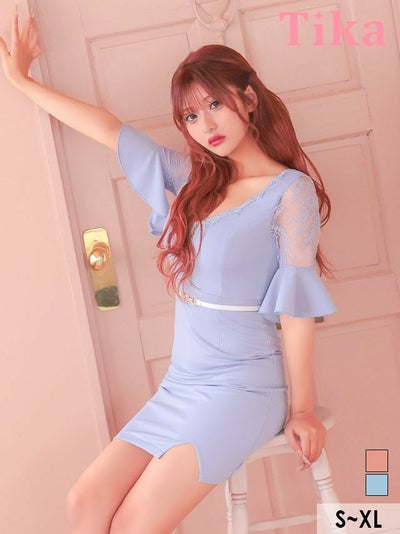 キャバドレス ミニ丈 キャバクラ クラブ ラウンジ タイト ミニドレス 谷間 ジップ レース 上品 ストレッチ 袖あり 七分袖 ウエストベルト付き ブラジャーのまま ベルスリーブ ワンカラー