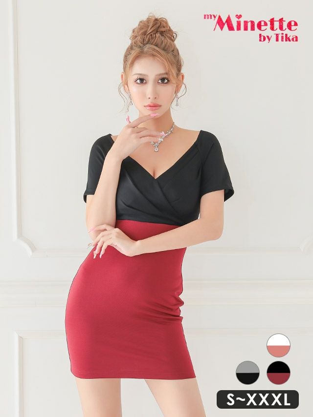 キャバドレス 安い 激安 ミニ丈 キャバクラ クラブ ラウンジ バイカラー 半袖 シンプル タイト プチプラ ガーリー ミニドレス  プチプラドレス