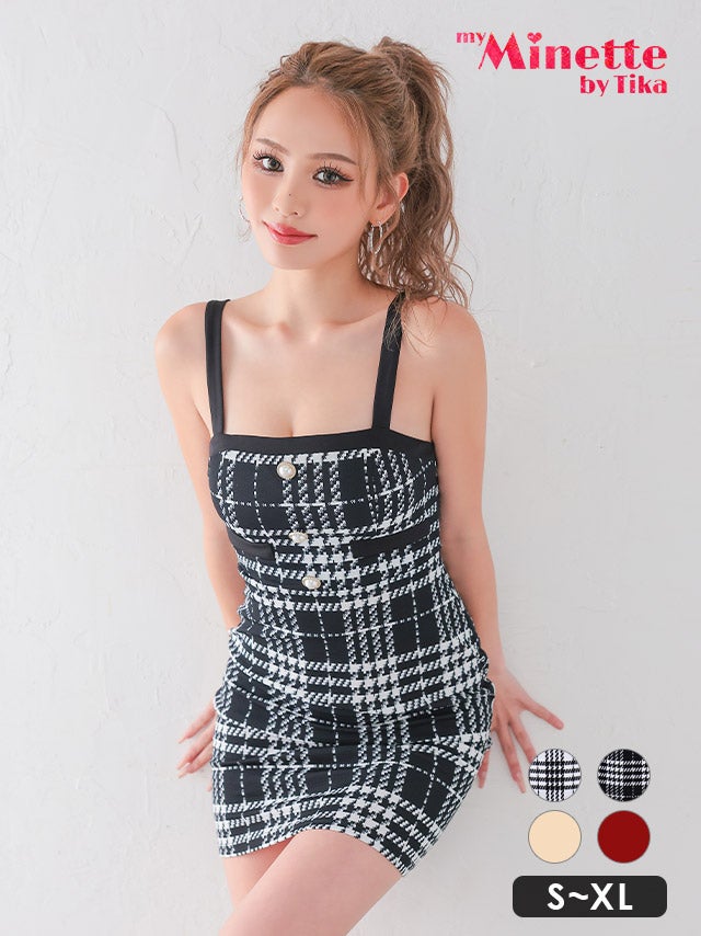 キャバドレス 安い 激安 ミニ丈 キャバクラ クラブ ラウンジパールボタン ノースリーブ チェック ガーリー タイト ミニドレス プチプラドレス