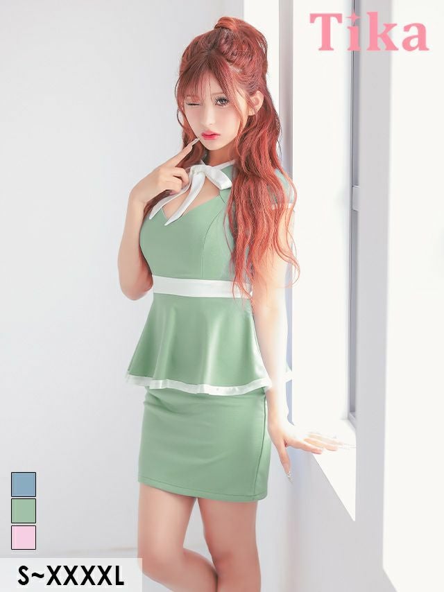 キャバドレス ミニ丈 キャバクラ クラブ ラウンジ タイト ミニドレス 谷間 大きいサイズ ストレッチ 半袖 ペプラム ネックリボン ブラジャーのまま バイカラー バストカットアウト