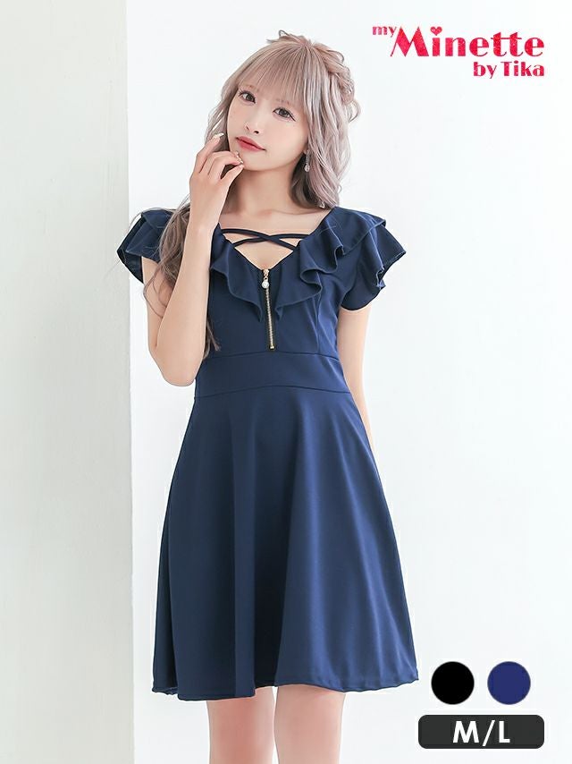 キャバドレス 安い 激安 ミニ丈 キャバクラ クラブ ラウンジ パール付き ジップ 胸元フリル プチプラ 半袖 フレア ミニドレス プチプラドレス