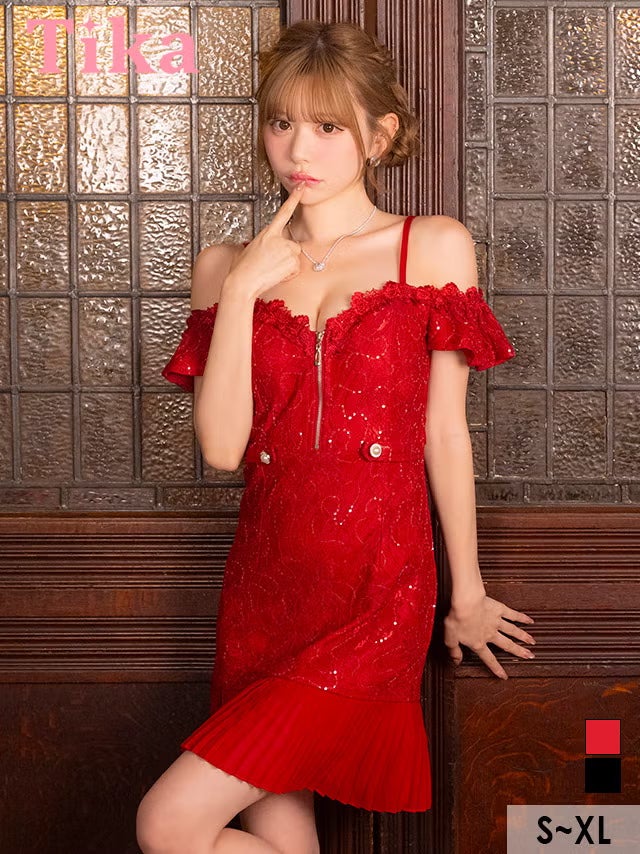 ミニ丈 キャバクラ クラブ ラウンジ ミニドレス 谷間 レース 肩出し ウエストベルト ジップ プリーツ シフォン 二の腕カバー スパンコール Aライン 赤ドレス XL キャバドレス