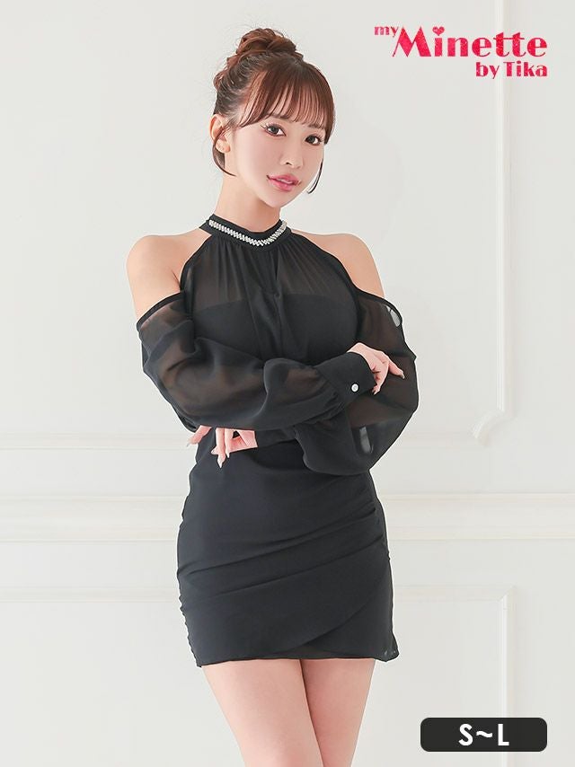 キャバドレス 安い 激安 ミニ丈 キャバクラ クラブ ラウンジ 長袖 シースルー 肩魅せ ホルターネック オフショル プチプラ ミニドレス プチプラドレス