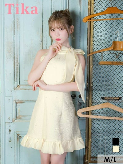 キャバドレス ミニ丈 キャバクラ クラブ ラウンジ Aライン ミニドレス ノースリーブ 上品 ハイネック ネックリボン シフォン フラワーストーン パール 裾フリル