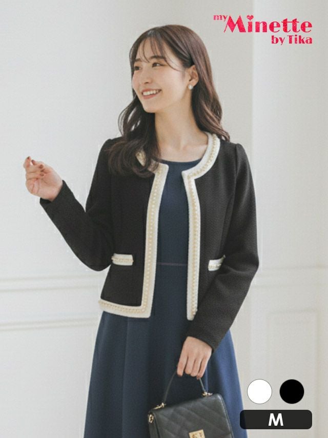 myMinette マイミネット パール縁取り ノーカラー ワッフル ボレロ ジャケット