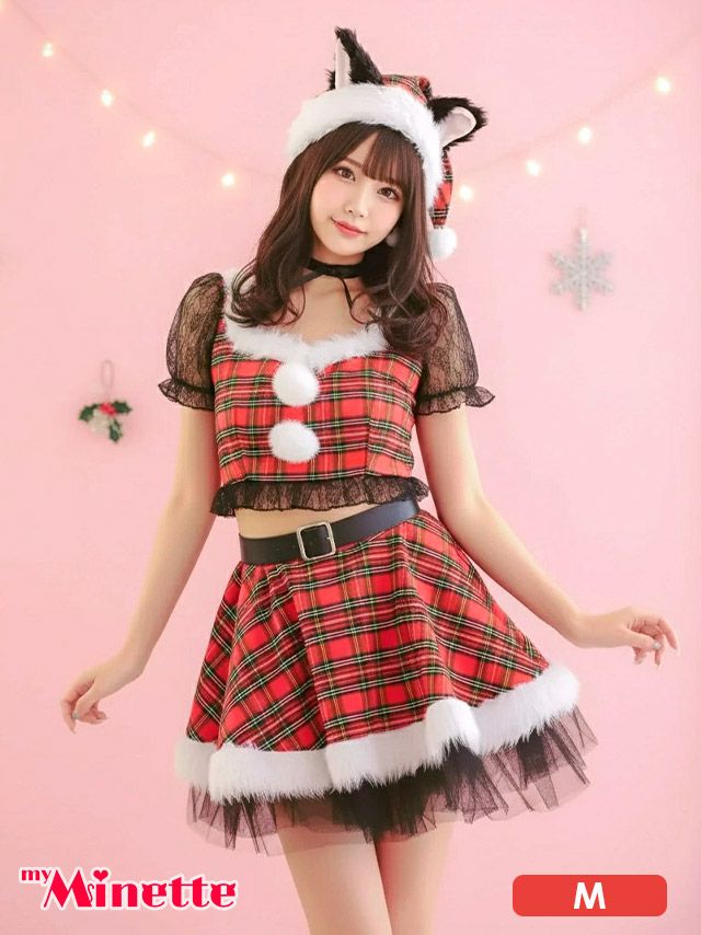  仮装 変装 コスチューム クリスマス myMinette マイミネット サンタコス 5点set レース フリル タータンチェック柄 セパレート ふわふわ Aライン 猫アニマル サンタ コスプレ