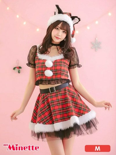  仮装 変装 コスチューム クリスマス myMinette マイミネット サンタコス 5点set レース フリル タータンチェック柄 セパレート ふわふわ Aライン 猫アニマル サンタ コスプレ