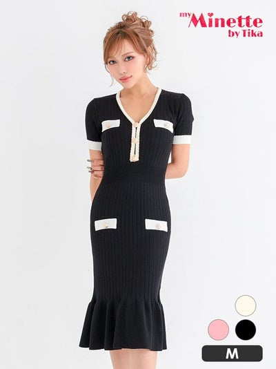 バイカラーリブニット パールボタンアクセント 半袖 Vネック マーメイド 膝丈 ドレス