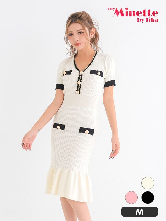 パールボタン バイカラー Vネック 半袖 マーメイド 膝丈 ドレス