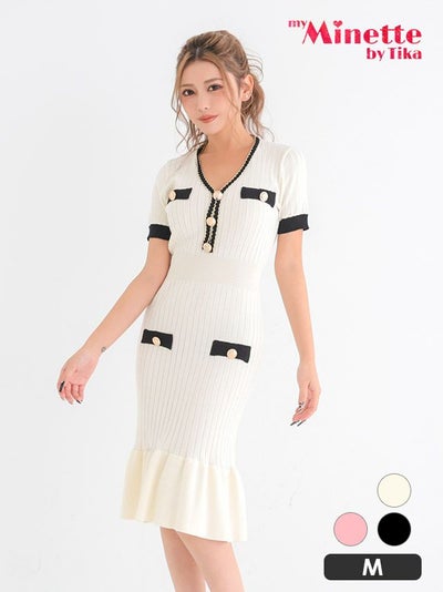 パールボタン バイカラー Vネック 半袖 マーメイド 膝丈 ドレス