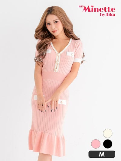 半袖 バイカラー配色 Vネック パールボタン付き マーメイド 膝丈ドレス