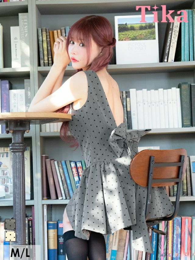 キャバドレス キャバクラ クラブ ラウンジ ワンピース Aライン ミニドレス ノースリーブ 上品 背中魅せ ドット柄 ピンドット バックリボン 同伴 キャバドレス