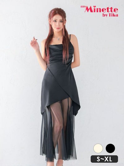 カウルネック 異素材 サテン シフォン シースルー　キャミソール 谷間魅せ フレア ロングドレス