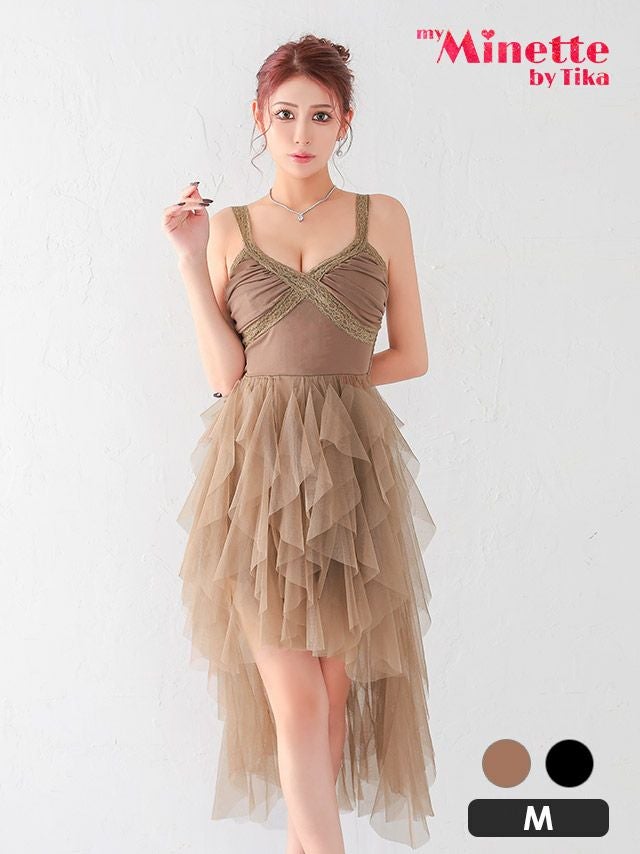 キャミソール Vネック チュール フリル ボリュームスカート 谷間魅せ フレア ロングテールドレス