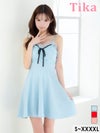 キャバドレス ミニ丈 キャバクラ クラブ ラウンジ ミニドレス ストレッチ チュールフリル リボン キャミソール 大きいサイズ Aライン 水色 XL XXL 4L 5L 6L キャバドレス