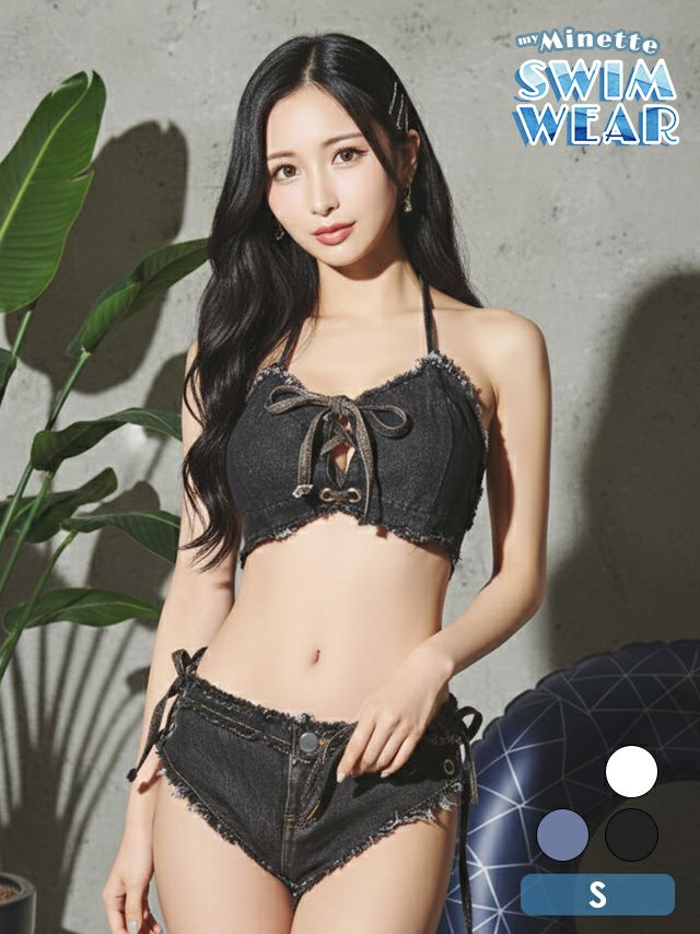 プチプラ 水着 バンドゥ ホルターネック リボン デニム ハイレグ ビキニ