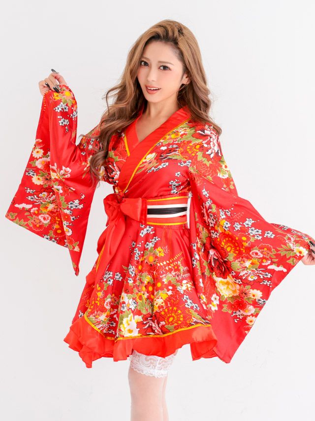 コスプレ セクシー 花魁 ミニ リボン フレア 2点セット(着物ドレス/帯)
