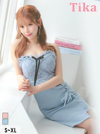 ミニ丈 キャバクラ クラブ ラウンジ ミニドレス ビジューキャミソール リボン ドット柄 チュールフリル サイド編み上げ ラップ タイト キャバドレス